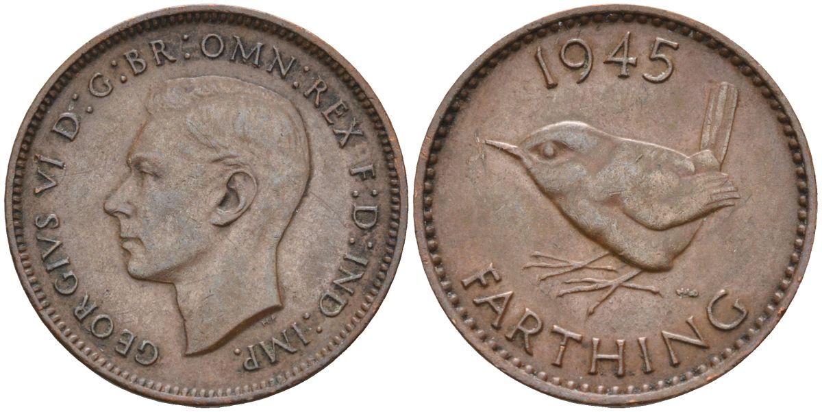 Великобритания 1 фартинг 1945 Георг VI (1936-1952) KM 843, Spink 4116 бронза 4115-656