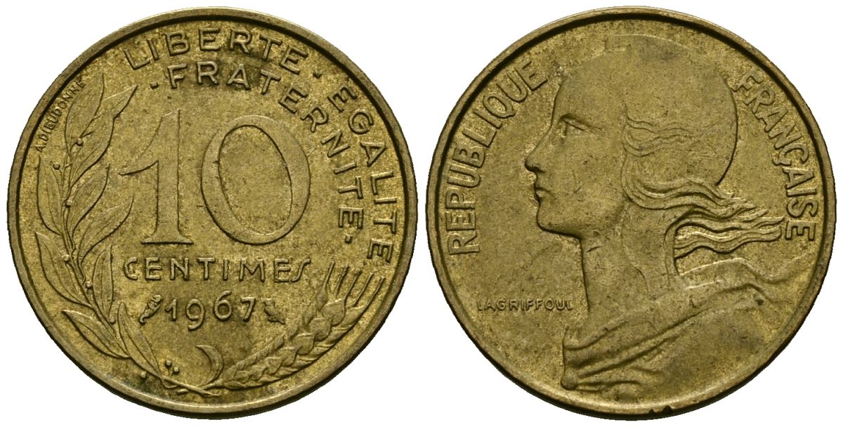 Франция 10 сантимов 1967 тип Marianne KM 929 алюминиевая бронза 4136-412