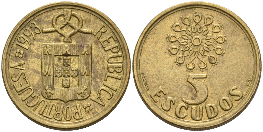Португалия 5 эскудо 1993 KM 632 никель латунь 4571-943