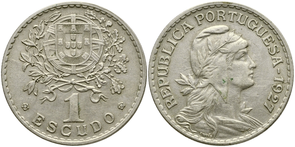ПОРТУГАЛИЯ 1 ЭСКУДО 1927 KM 578 медно-никель 79-1414