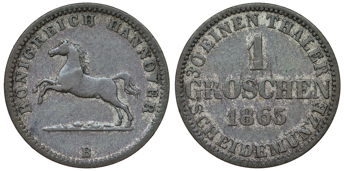 Брауншвейг-Каленберг-Ганновер 1 грош 1865 B, Георг V (1851-1866) KM 236, Jaeger 93, AKS 149 серебро 71-365