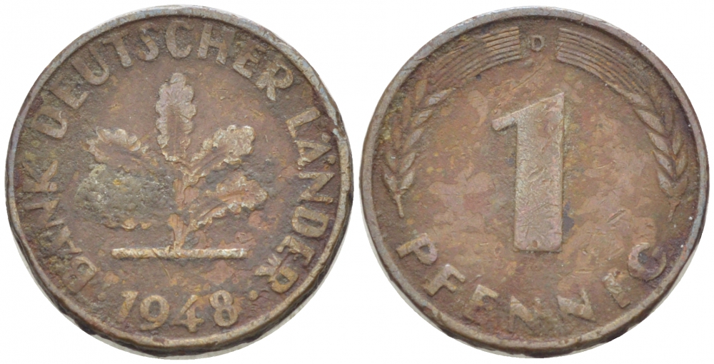 ФРГ 1 ПФЕННИГ 1948 D KM А101, J.376 сталь плакированная медью 3955-469
