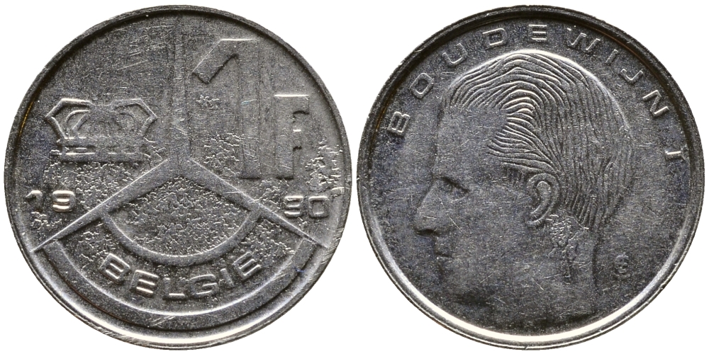 Бельгия 1 франк 1990 Belgie, Бодуэн I (1951-1993) KM 171 нержавеющая сталь 4387-642