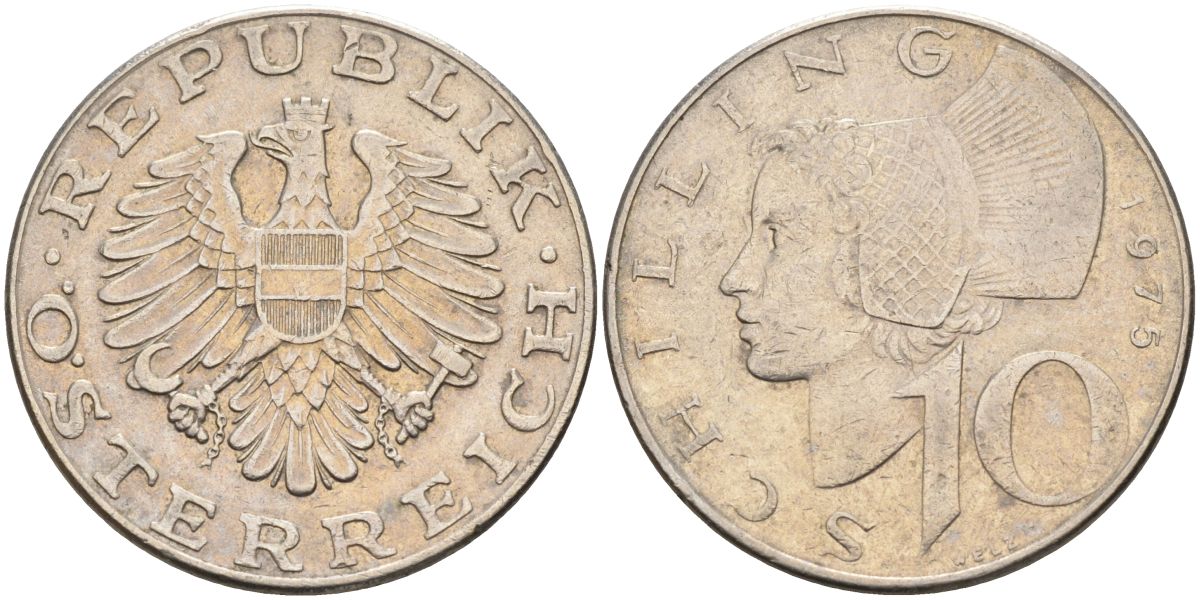 Австрия 10 шиллингов 1975 KM 2918 никель плакированный медно-никелем 4593-533