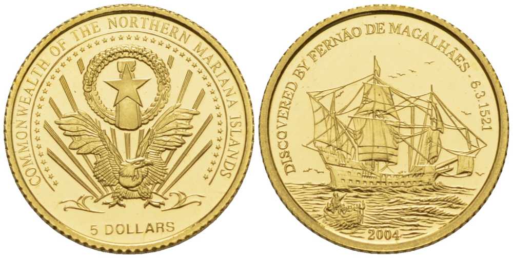 Северные Марианские острова 5 долларов 2004 Путешествие Магеланна, корабли золото PROOF 00-811-11