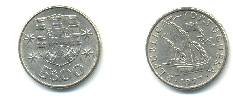 ПОРТУГАЛИЯ 5 ЭСКУДО 1977 ПАРУСНИК KM 591 медно-никель 176-312