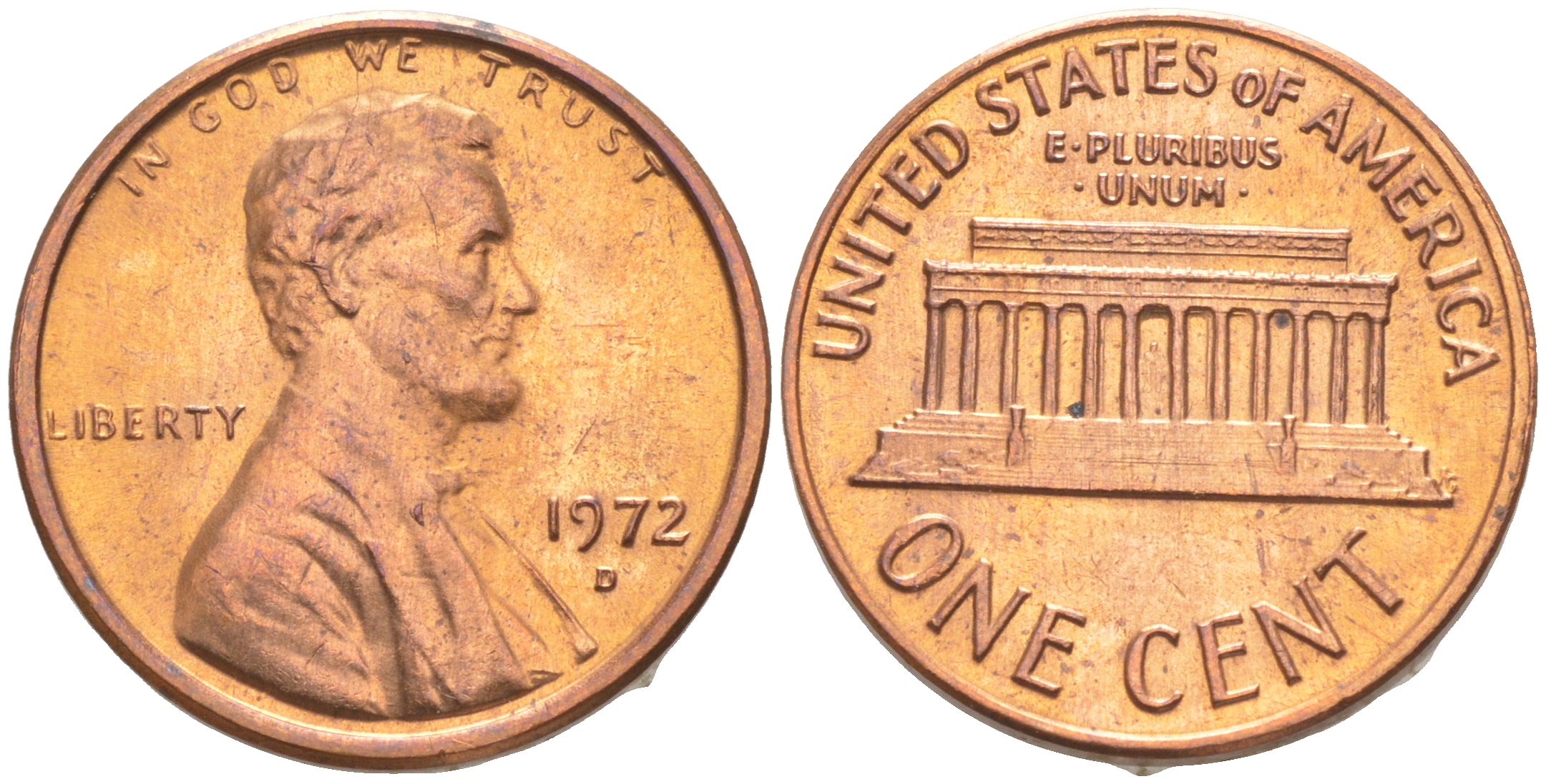 США 1 ЦЕНТ 1972 D, ЛИНКОЛЬН KM 201 медь цинк UNC 187-611