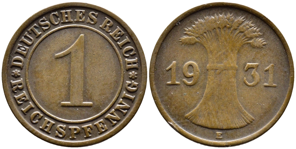 ГЕРМАНИЯ 1 РЕЙХСПФЕННИГ 1931 E KM 37, J. 313 бронза 4387-1127