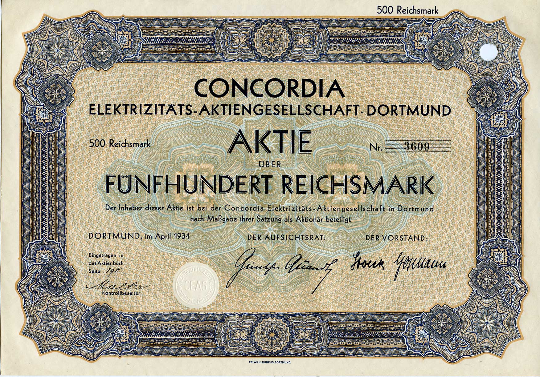 Германия 500 рейхсмарок 1934 АО Электрическая компания Конкордия, Дортмунд, акция   бумага 8803-25-1