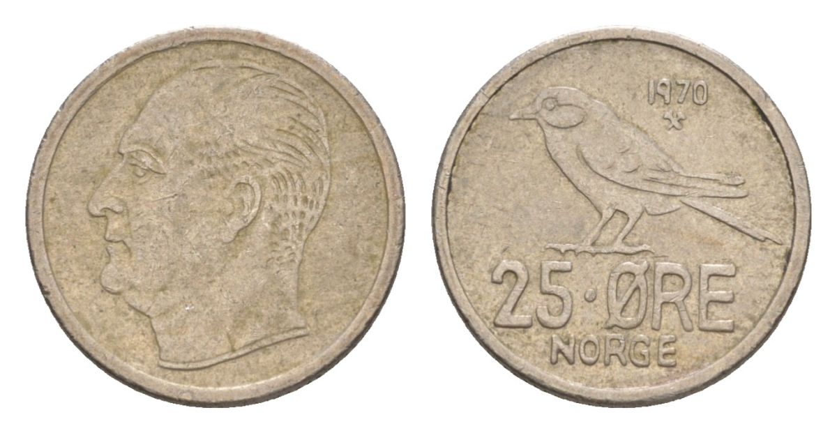 Норвегия 25 эре 1970 Улаф V (1957-1991) KM 407 медно-никель 4632-1243