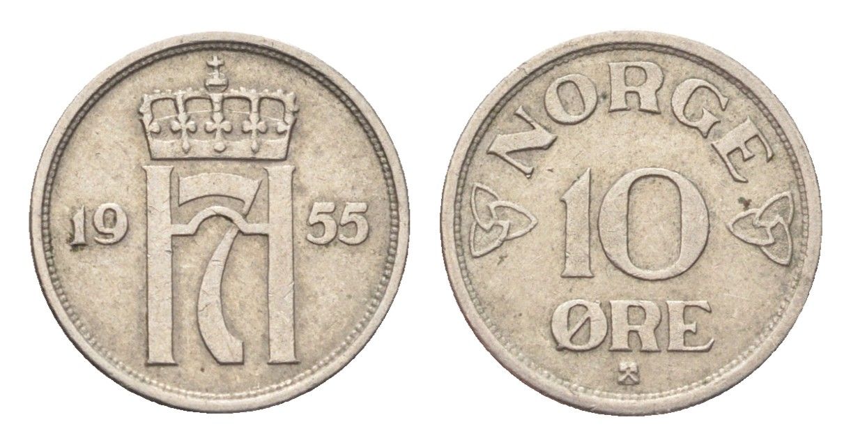 Норвегия 10 эре 1955 Хокон VII (1905-1957) KM 396 медно-никель 4705-838
