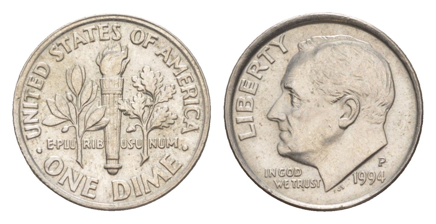 США 1 дайм (10 центов) 1994 P, президент Рузвельт KM 195a медь плакированная медно-никелем 4649-1255