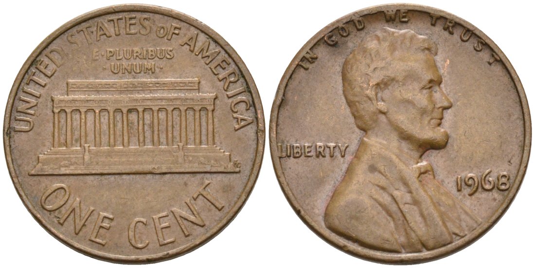 США 1 цент 1968 Линкольн KM 201 медь цинк 4564-445