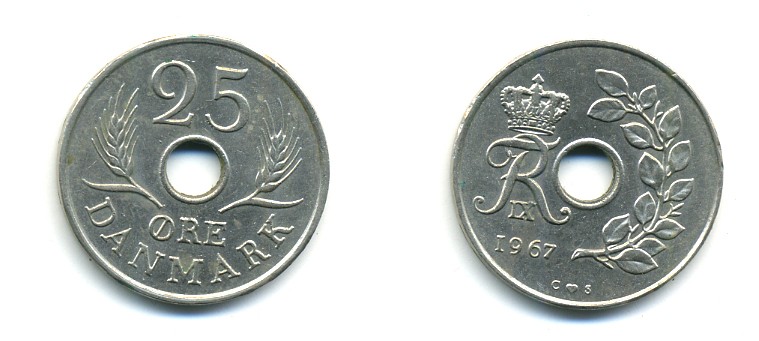 Дания 25 эре 1967 С; S, Фредерик IX (1947-1972) KM 855.1 медно-никель 80-344
