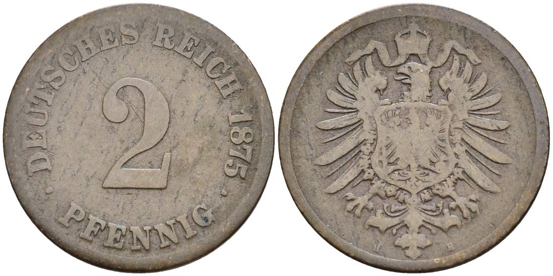 ГЕРМАНИЯ 2 ПФЕННИГА 1875 H, СТАРОГЕРБОВКА, РЕДКАЯ KM 2, Jager 2, Weege 3 медь 4546-554