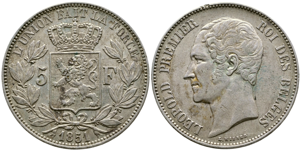 Бельгия 5 франков 1851 Леопольд I (1831-1865) KM 17 серебро 00-1067-5-33