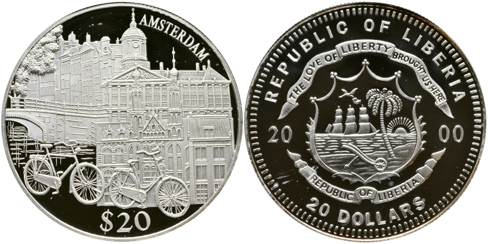 Либерия 20 долларов 2000 серия памятники архитектуры, Амстердам KM 655 серебро PROOF 1066-9-15