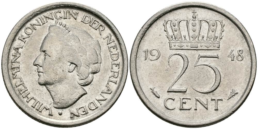 НИДЕРЛАНДЫ 25 ЦЕНТОВ 1948 ВИЛЬГЕЛЬМИНА KM 178 никель 176-849
