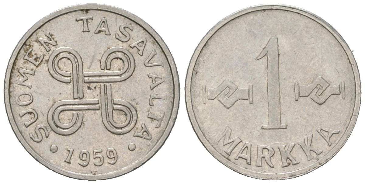 Финляндия 1 марка 1959 KM 36a железо плакированная никелем 218-834