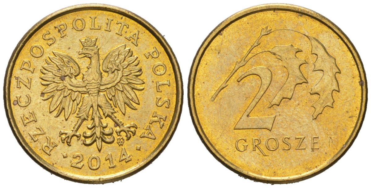 Польша 2 гроша 2014 MW KM 277 латунь UNC 4549-529