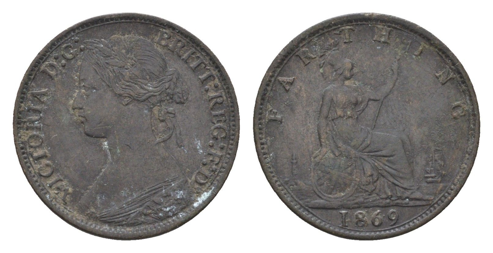 Великобритания 1 фартинг 1869 Виктория (1837-1901) KM 747.2, Spink 3958 бронза 4664-235