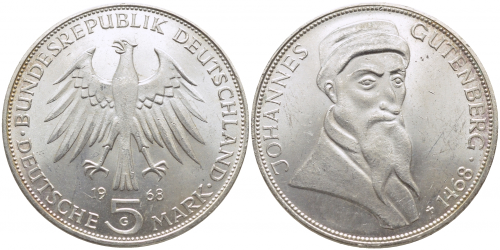 ФРГ 5 марок 1968 G, 500 лет со дня смерти Иоганна Гутенберга KM 122, J. 397 серебро 109-633