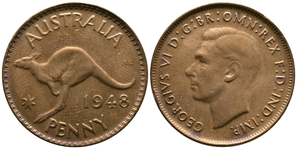 АВСТРАЛИЯ 1 ПЕННИ 1948 m, ГЕОРГ VI (1936-1952), КЕНГУРУ KM 36 бронза 74-214