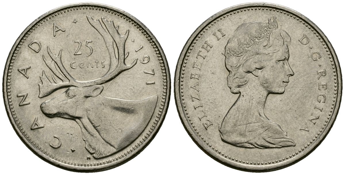Канада 25 центов 1971 Елизавета II (1952-2022), олень KM 62 b никель 4167-1145