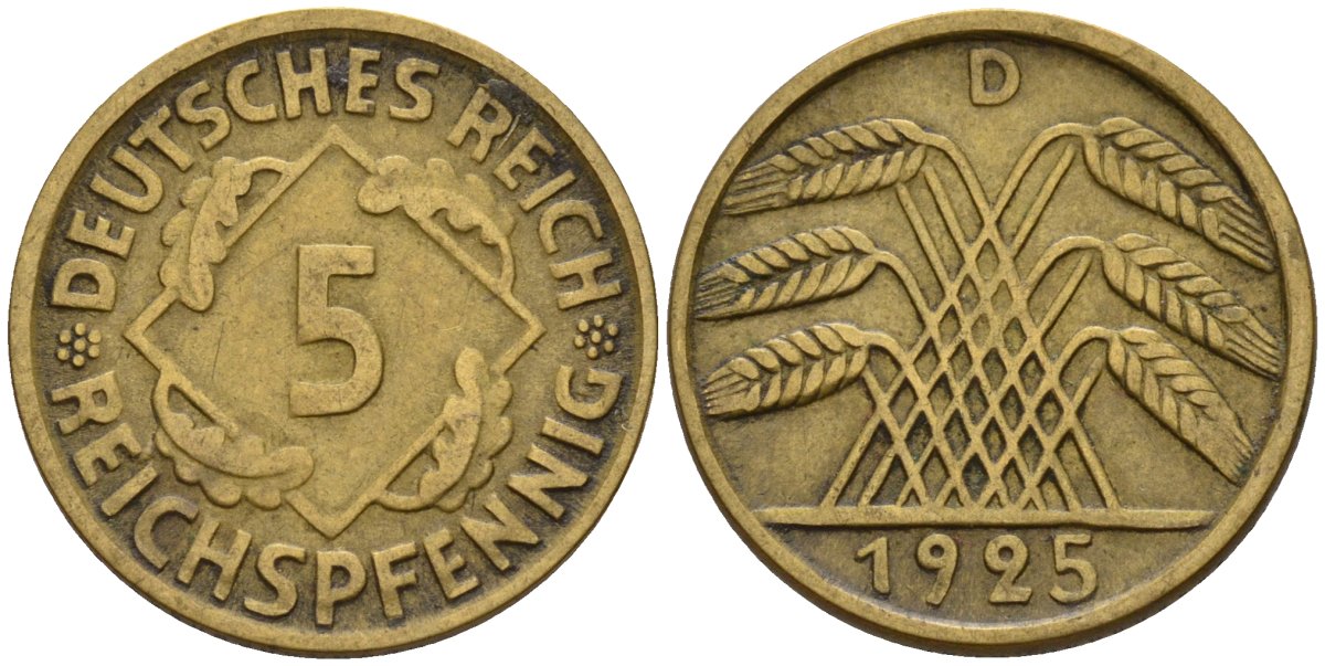 Германия 5 рейхспфеннигов 1925 D KM 39, J. 316 алюминиевая бронза 4151-725
