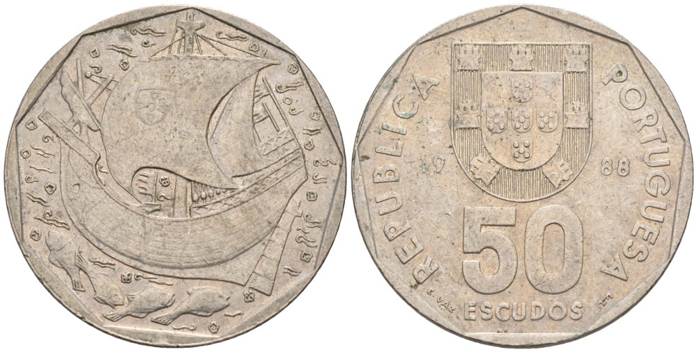 Португалия 50 эскудо 1988 парусник KM 636 медно-никель 81-134