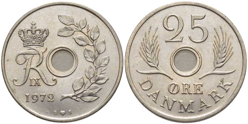 ДАНИЯ 25 ЭРЕ 1972 S;S, ФРЕДЕРИК IX (1947-1972) KM 855.2 медно-никель 202-742