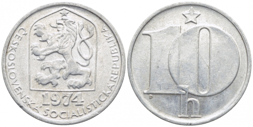 ЧЕХОСЛОВАКИЯ 10 ГЕЛЛЕРОВ 1974 СОЦИАЛИСТИЧЕСКАЯ РЕСПУБЛИКА KM 80 алюминий 112-548