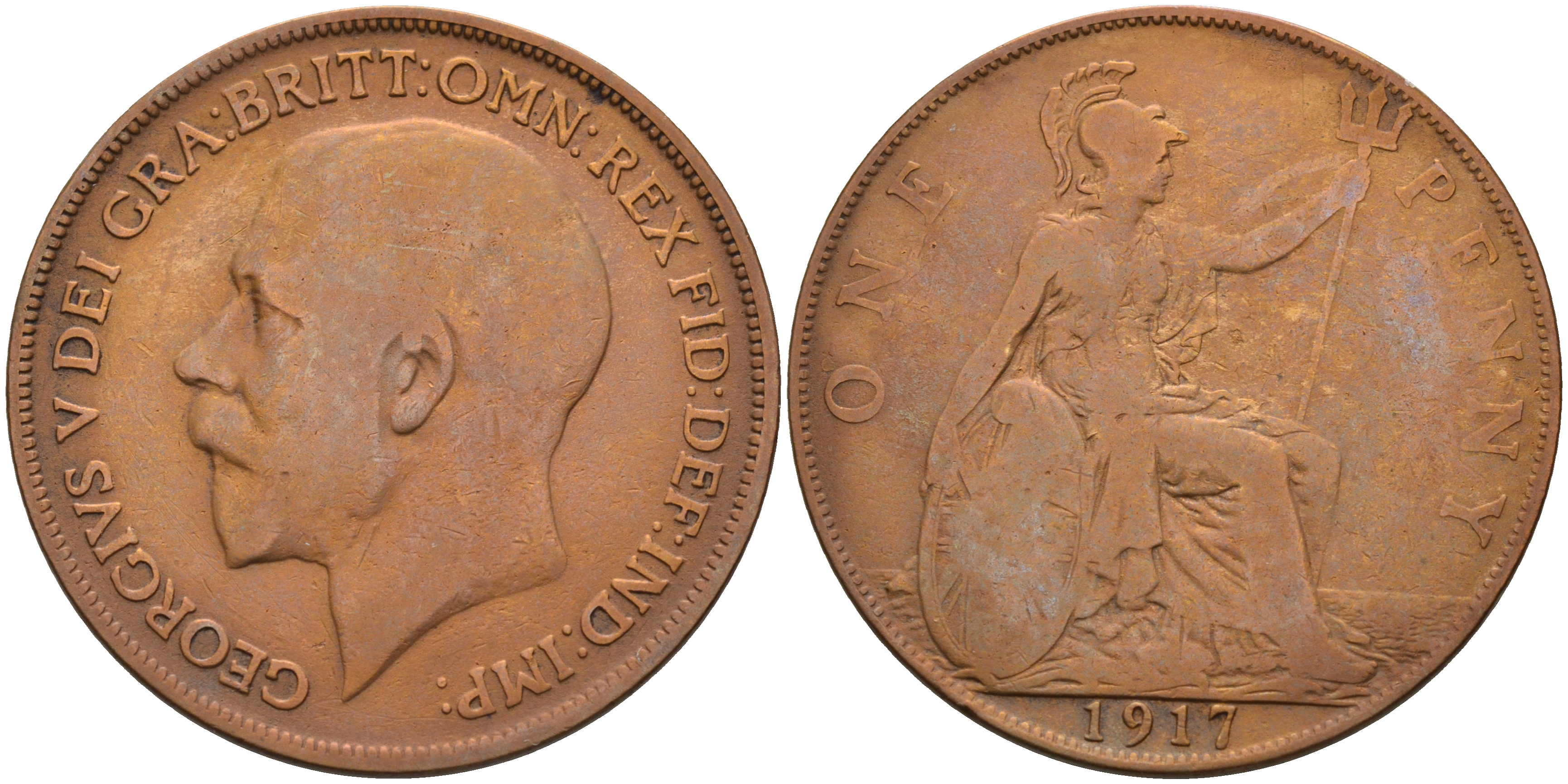 Великобритания 1 пенни 1917 Георг V (1910-1936) КМ 810, Spink 4051 бронза 4593-146