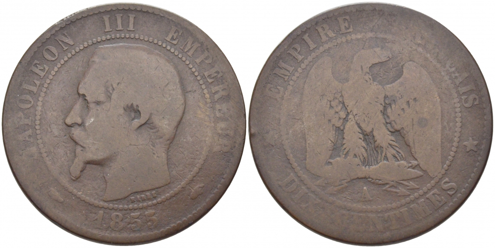 ФРАНЦИЯ 10 САНТИМОВ 1855 A, НАПОЛЕОН III (1852-1870) KM 771.1 бронза 114-1245