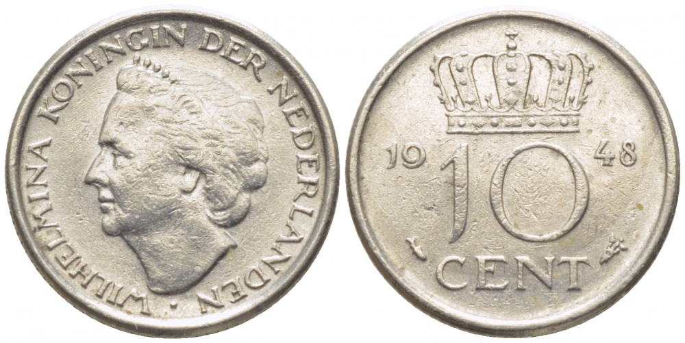 Нидерланды 10 центов 1948 Вильгельмина (1895-1948) KM 177 никель 112-252