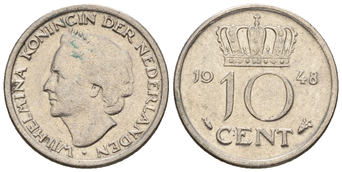 Нидерланды 10 центов 1948 Вильгельмина (1895-1948) KM 177 никель 220-534
