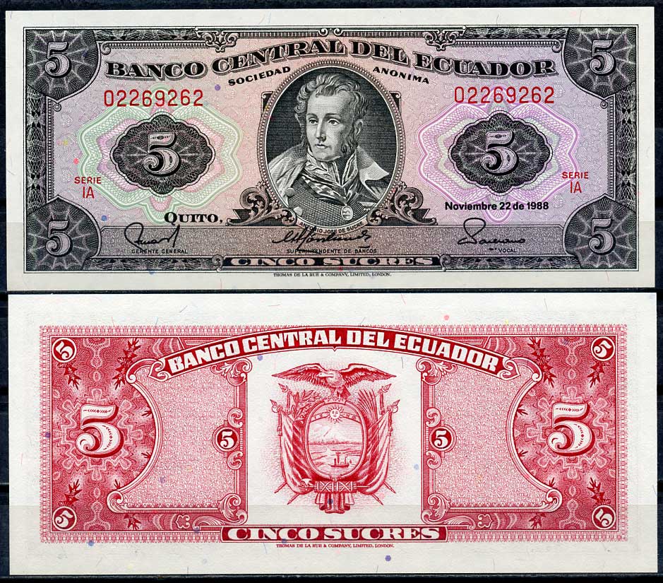 Эквадор 5 сукре 1988 Антонио Хосе Сукре, серия IA Pick 113 d (1) бумага UNC (пресс) 447-86-2-1