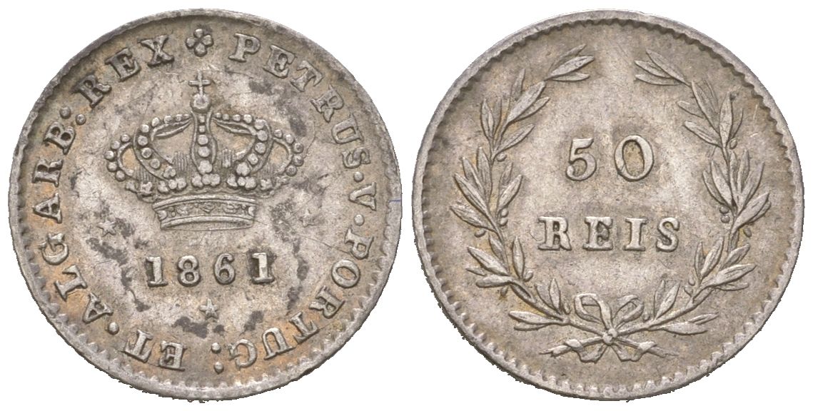 Португалия 50 реалов 1861 Педру V (1853-1861) KM 493 серебро 4611-254