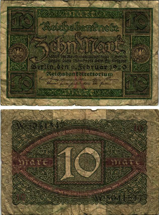 ГЕРМАНИЯ 10 МАРОК 1920 6 ФЕВРАЛЯ 1920, БУКВА К, СЕРИЯ W, СЕМЬ ЦИФР В НОМЕРЕ Pick 67а, Rosenberg 63а бумага 8616-14-1-1