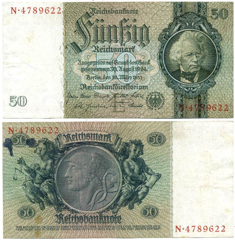 ГЕРМАНИЯ 50 РЕЙХСМАРОК 1933 Pick 182a бумага XF 7547-23-2