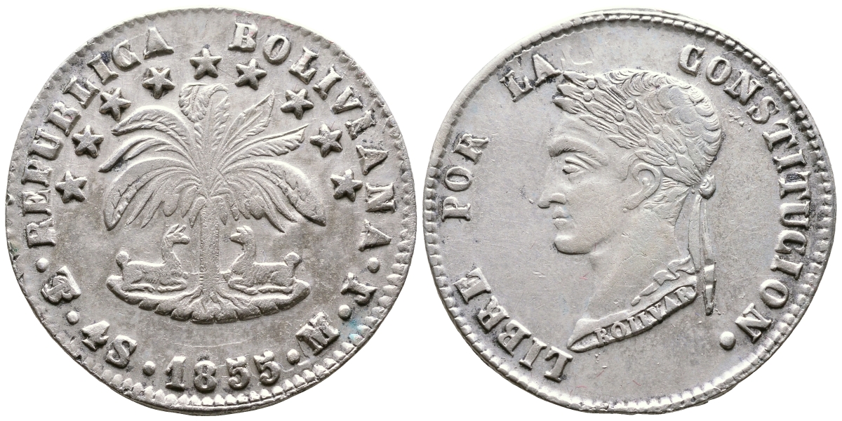 Боливия 4 соля 1855 M.J. KM 123.2 серебро 1525-1135