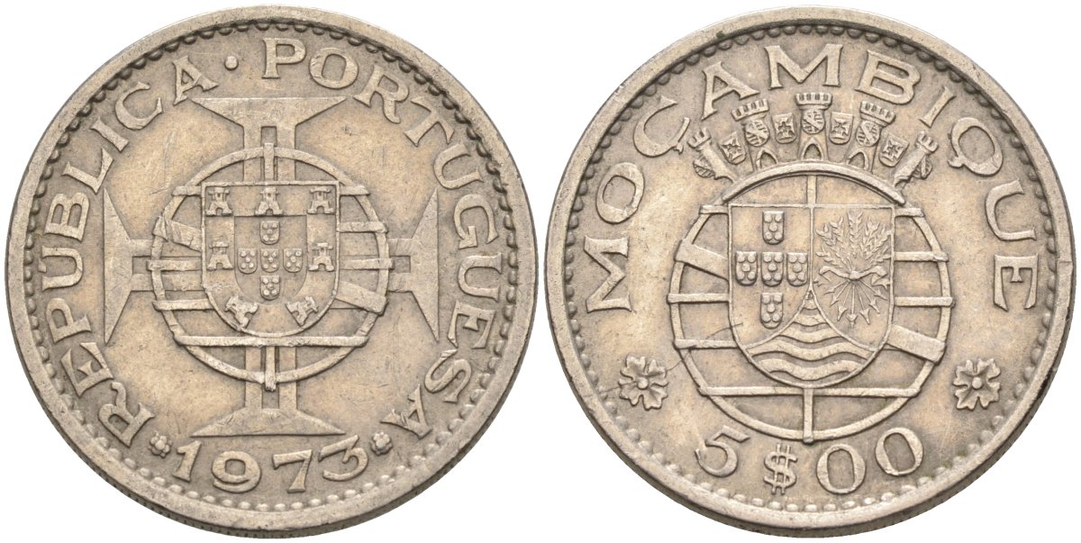 Португальский Мозамбик 5 эскудо 1973 KM 86 медно-никель 4575-1116