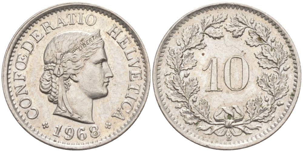ШВЕЙЦАРИЯ 10 РАППЕНОВ 1968 В KM 27 медно-никель 55-413