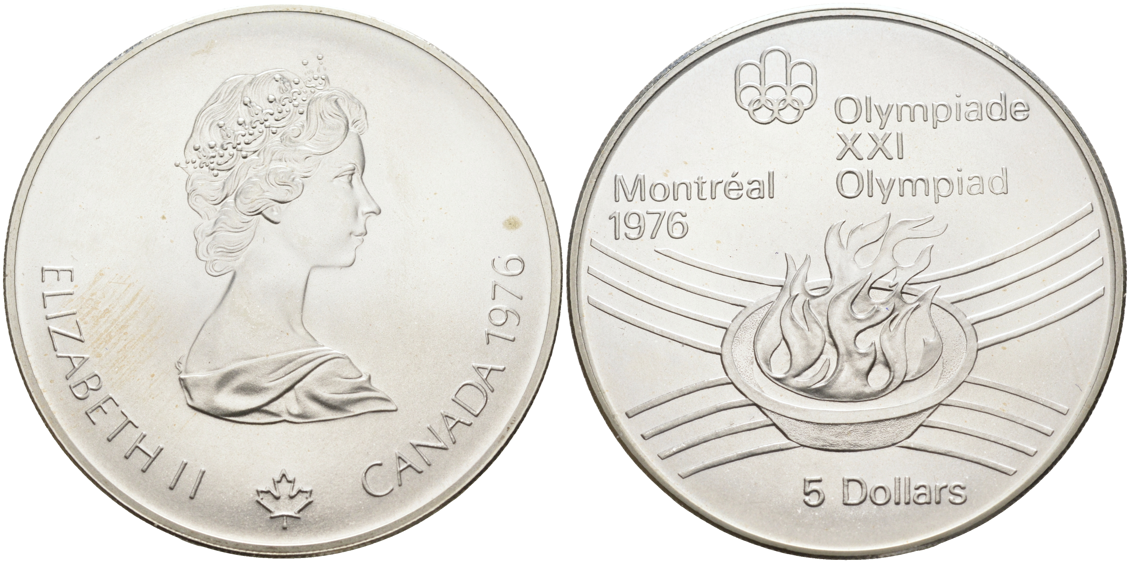Канада 5 долларов 1976 XXI летние Олимпийские игры в Монреале 1976 года, Олимпийский огонь KM 110 серебро UNC 02-078-35