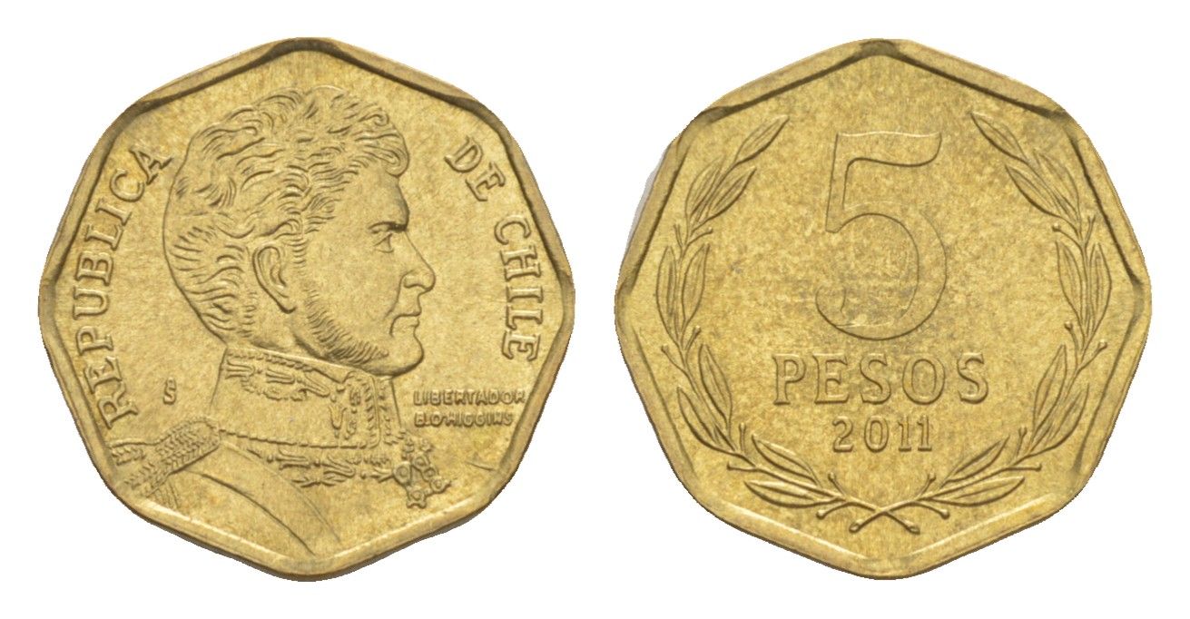 Чили 5 песо 2011 KM 232 алюминиевая бронза 4640-1057