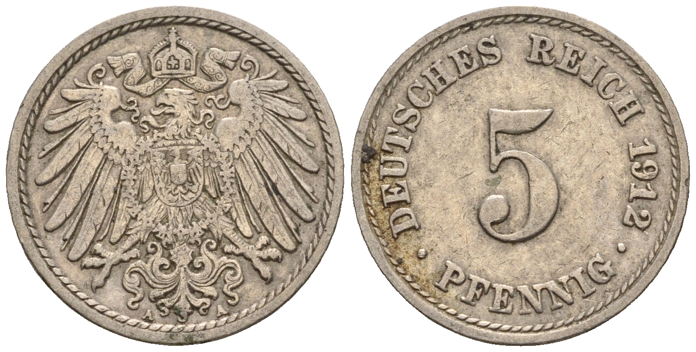 Германия 5 пфеннигов 1912 A, KM 11, J. 12 медно-никель 220-616
