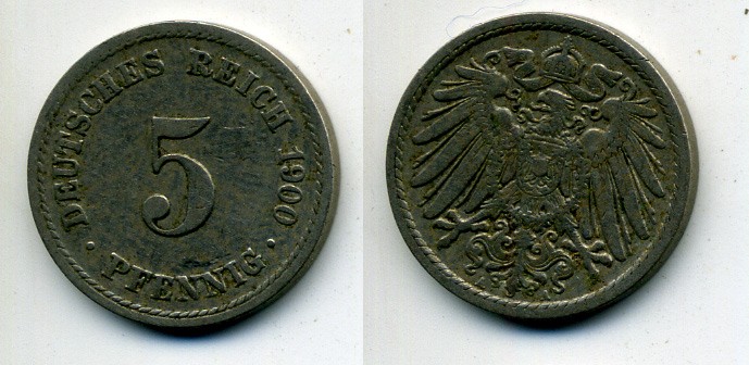 ГЕРМАНИЯ 5 ПФЕННИГОВ 1900 A, KM 11, J. 12 медно-никель 58-1217