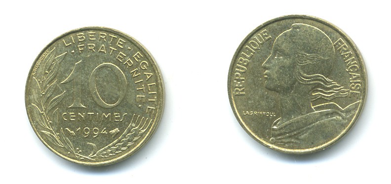 ФРАНЦИЯ 10 САНТИМОВ 1994 ТИП MARIANNE KM 929 медь алюминий никель 84-1644