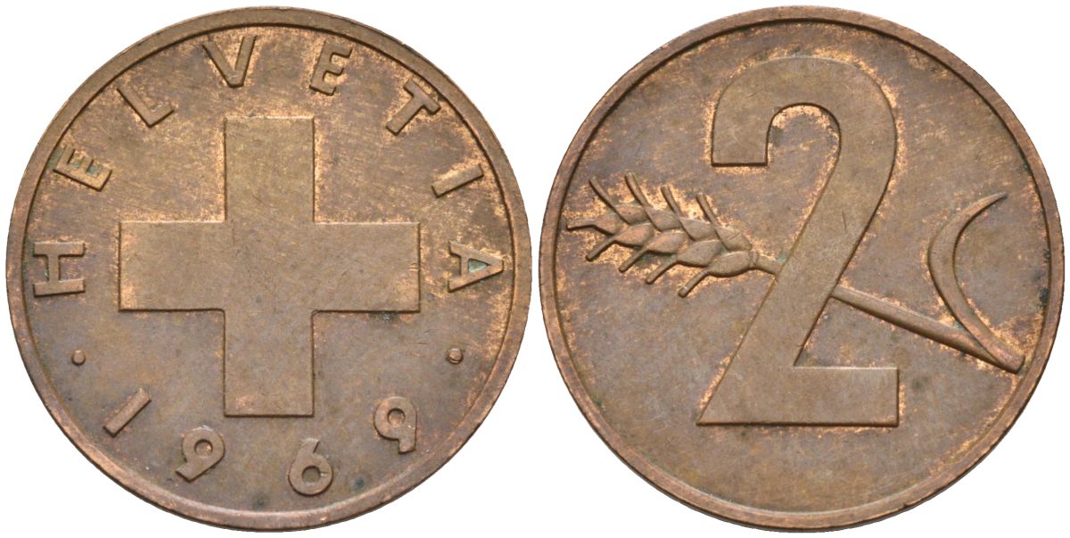 Швейцария 2 раппена 1969 KM 47 бронза 4529-926