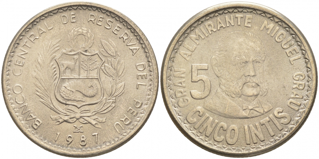 Перу 5 инти 1987 Мигель Грау KM 300 медно-никель UNC 181-933
